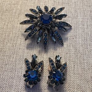 Vintage Blue Crystal Stone Pin and Earrings Set
